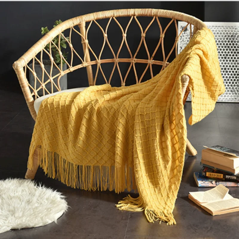 Boho Throw Blanket Fringe - Mustard Yellow Textured Knit Throw Blanket