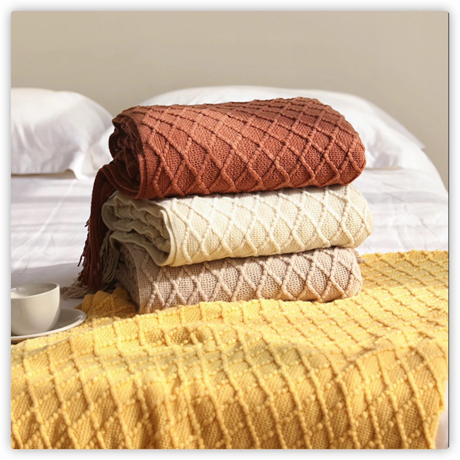 Boho Throw Blanket Fringe - Textile City Diamond Knit Throw Blanket