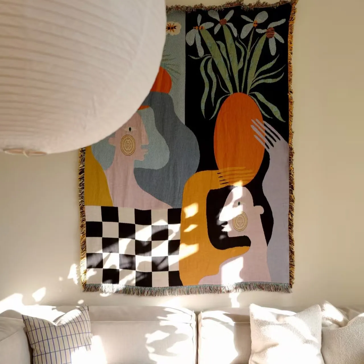 Boho Throw Blanket Fringe - Modern Abstract Art Tapestry Boho Woven